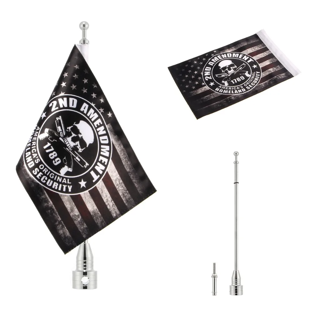 Motorcycle Black/Silver Pole Mount 6 x 9 Inch Polyester 2nd Amendment Gun 1789 Skull Flag for Harley Honda Universal