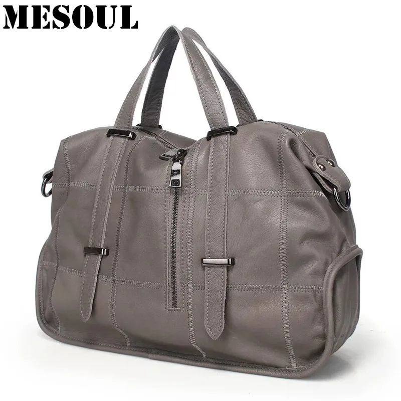 Famous Brand Bags Female Genuine Leather Plaid Tote Bag Gray Women Shoulder Bag Casual Travel Designer Handbags High Quality