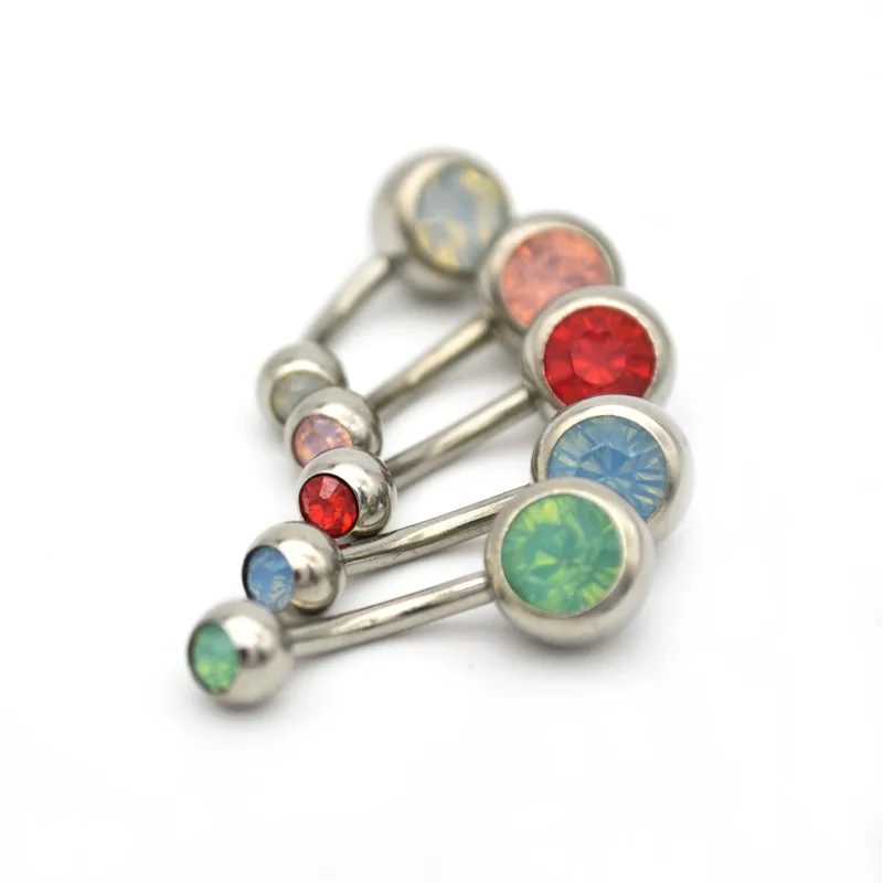 New Double Opal Gem Red Aqua Light Blue Belly Bar Navel Ring Fashion Body Piercing Jewelry Cute Crystal Belly Button