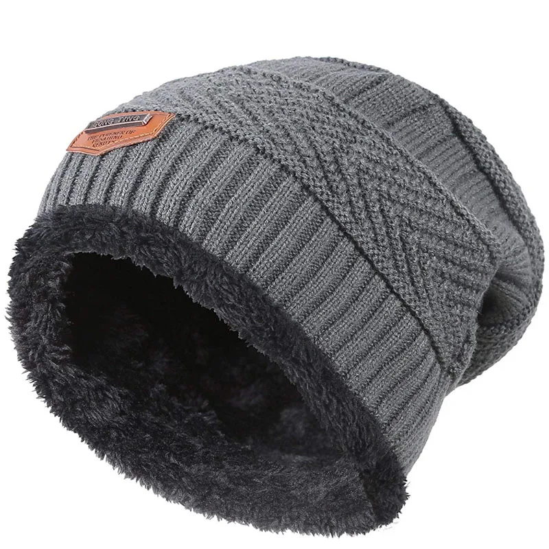 Men Warm Winter Knitted Beanie Hat Fleece Sullies Cap Black  Male Casual Thick Soft  Head Warmer