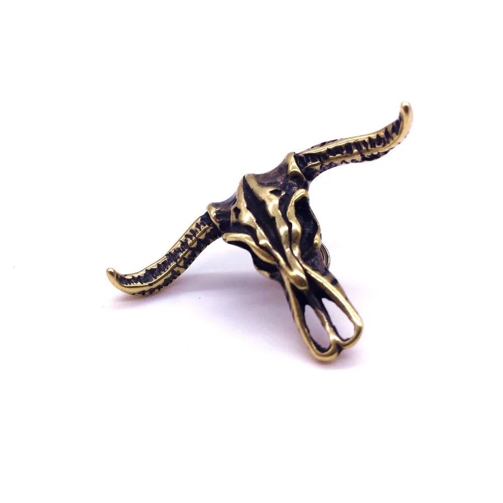 Copper Cow / Bull Ox Head Skull Charms Pendants Knife Beads pure copper engraved skeleton Ngau Tau  retro DIY wallet buckle