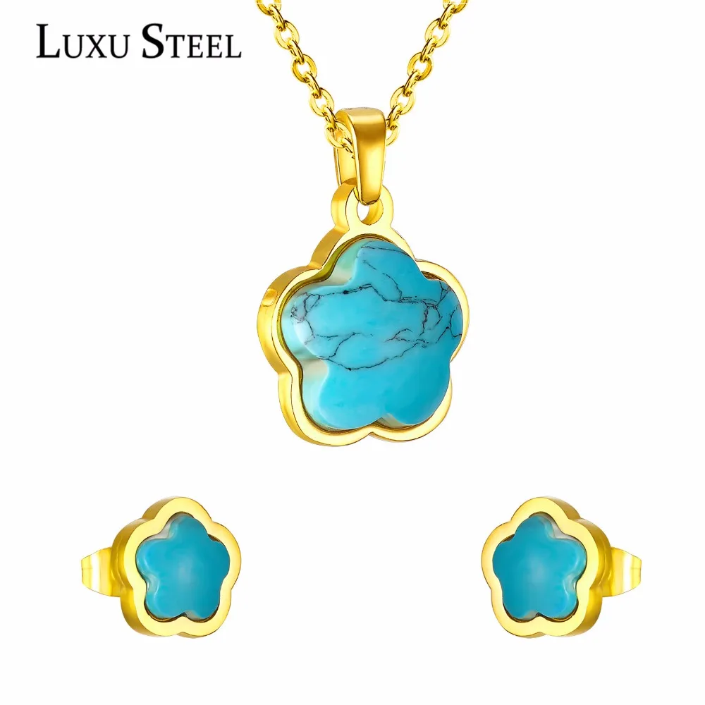 LUXUSTEEL set stainless steel Mujer 2020 Stainless Steel Blue Flower Shape Stone Pendant Necklace Earrings Brinco Party