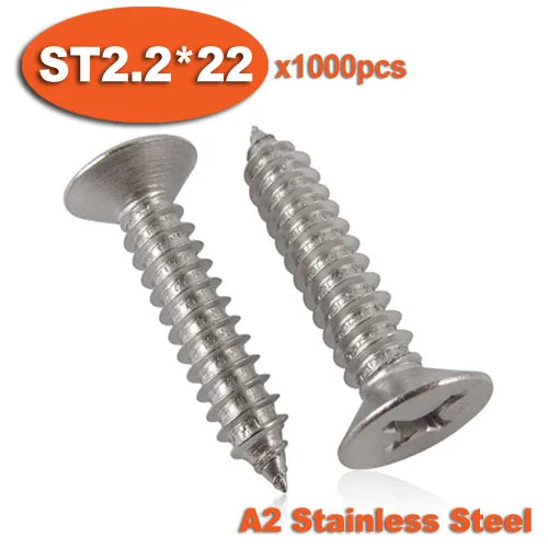 1000pcs DIN7982 ST2.2 x 22 A2 Stainless Steel Self Tapping Screw Cross Recessed Countersunk Head Self-tapping Screws