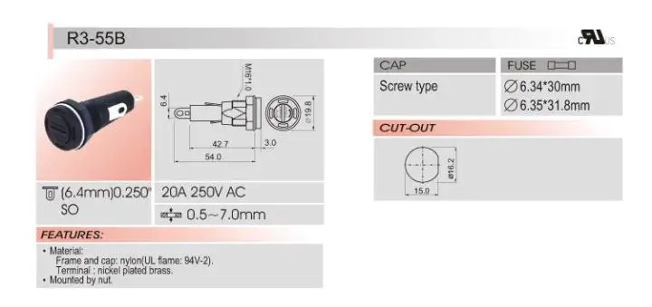 R3-55B Taiwan imported SCI fuse holder 20A250V 6 * 30MM large current fuse holder