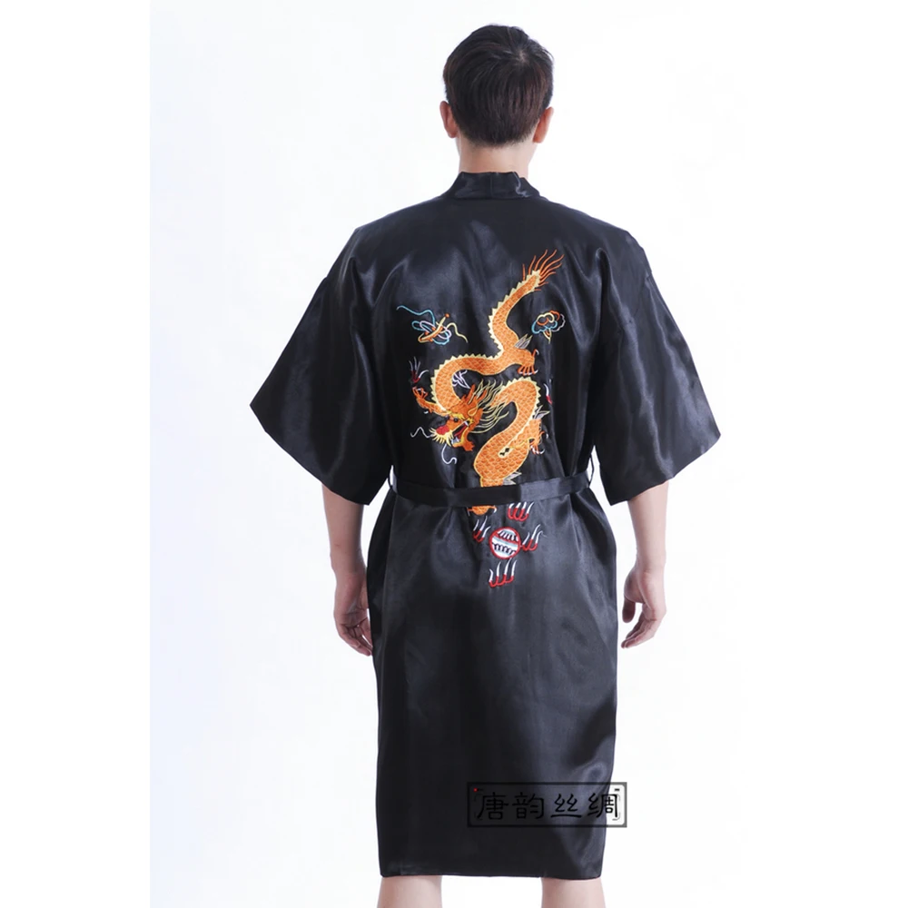 Chinese Style Embroider Dragon Bathrobe Men's Silk Satin Dressing Gown Robe Male Sleepwear With Belt S M L XL XXL XXXL