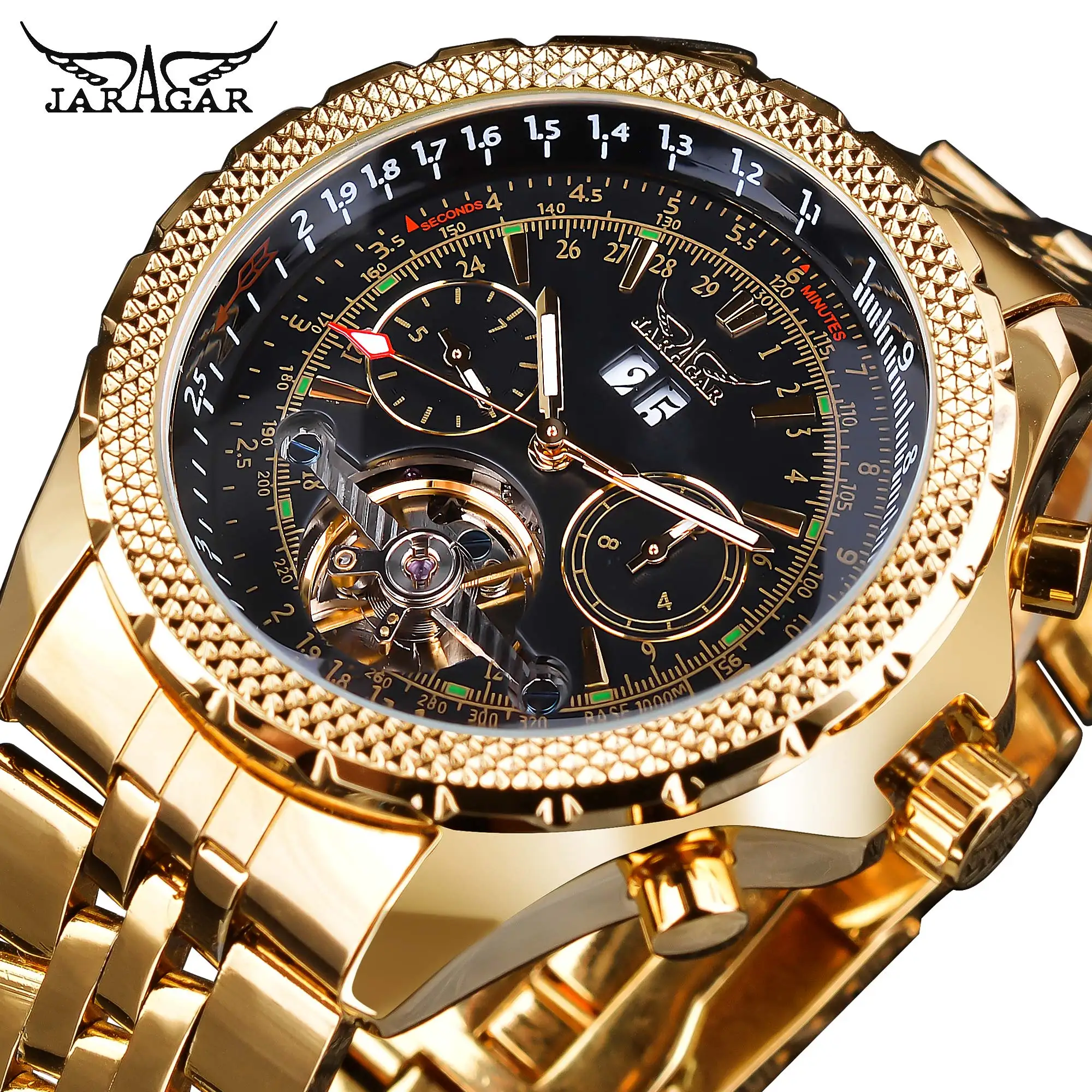 

Jaragar Mens Watch Mechanical Golden Black Tourbillon Date Business Fashion Steel Band Sport Watches Automatic Self-Wind Relogio