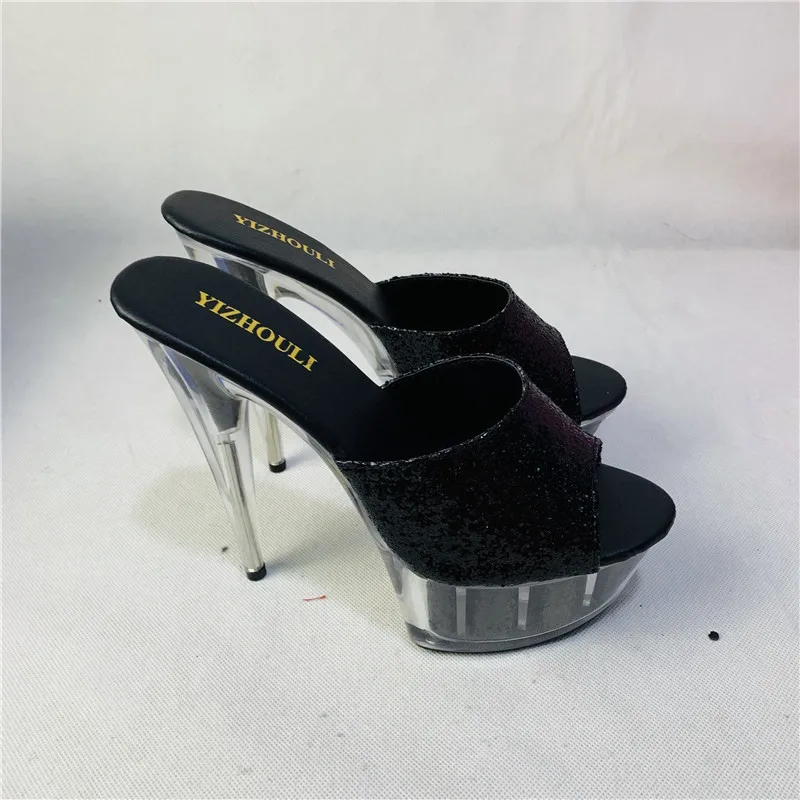 Sexy woman 15 cm high heel waterproof table cool flash powder crystal slippers fashion model Sandals