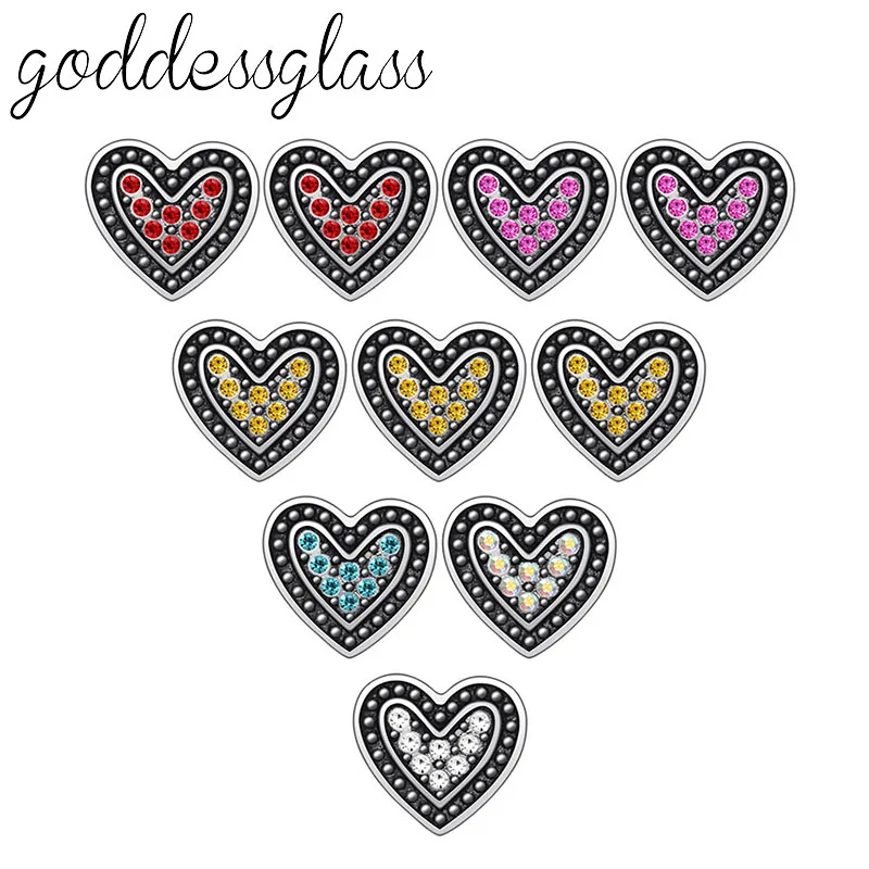 Beauty 10pcs mixed Heart Rhinestones 12mm snap buttons fit 12mm snap bracelet jewelry wholesale KZ9130