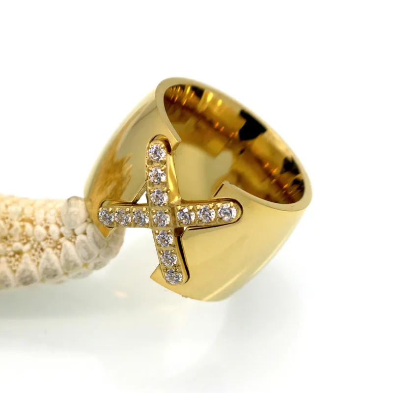 New Arrival Gold Colour Ring Bijoux 14mm Width Big Pave Setting CZ Cross X Ring For Women Trendy Crystal Jewelry Wholesale Gift