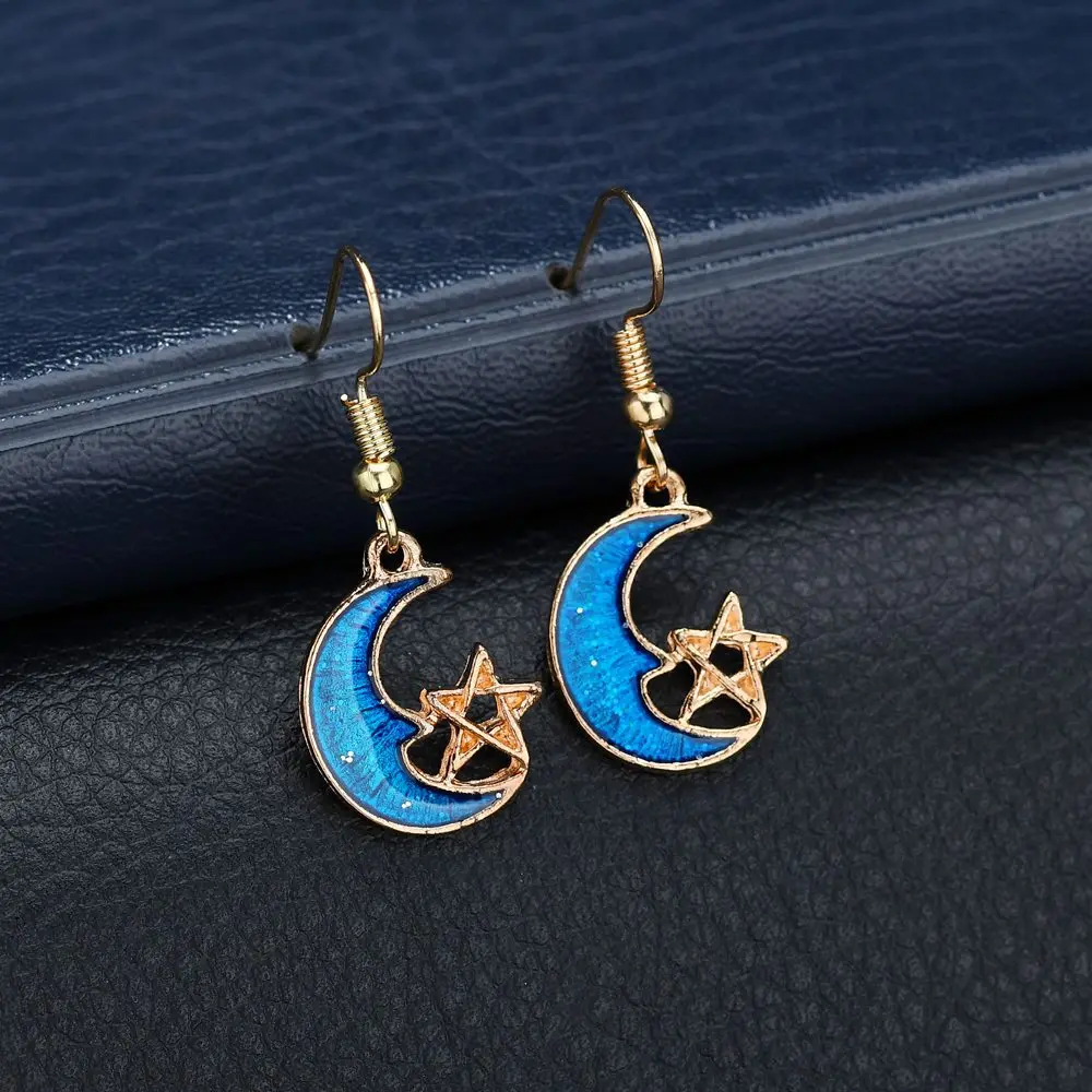 New Style Blue Star Moon universe alloy Asymmetric earrings For Women creative irregular Round Planet Drop Earrings
