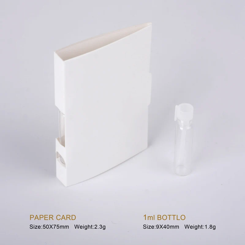 100Pcs/Lot 1ml Portable Refillable Perfume Bottle with Paper Card Dropper Bottle Sample Scented Test Bottles EXTRA PAY FOR LOGO