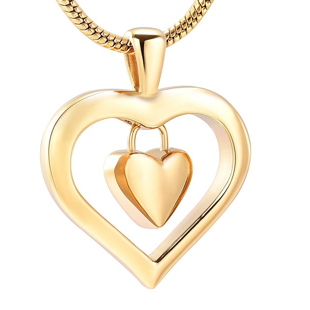 IJD9962 Double Heart Golden Cremation Urn Jewelry Necklace Pendant Funnel Fill Kit,Human Keepsake Memorial Ashes Jewelry