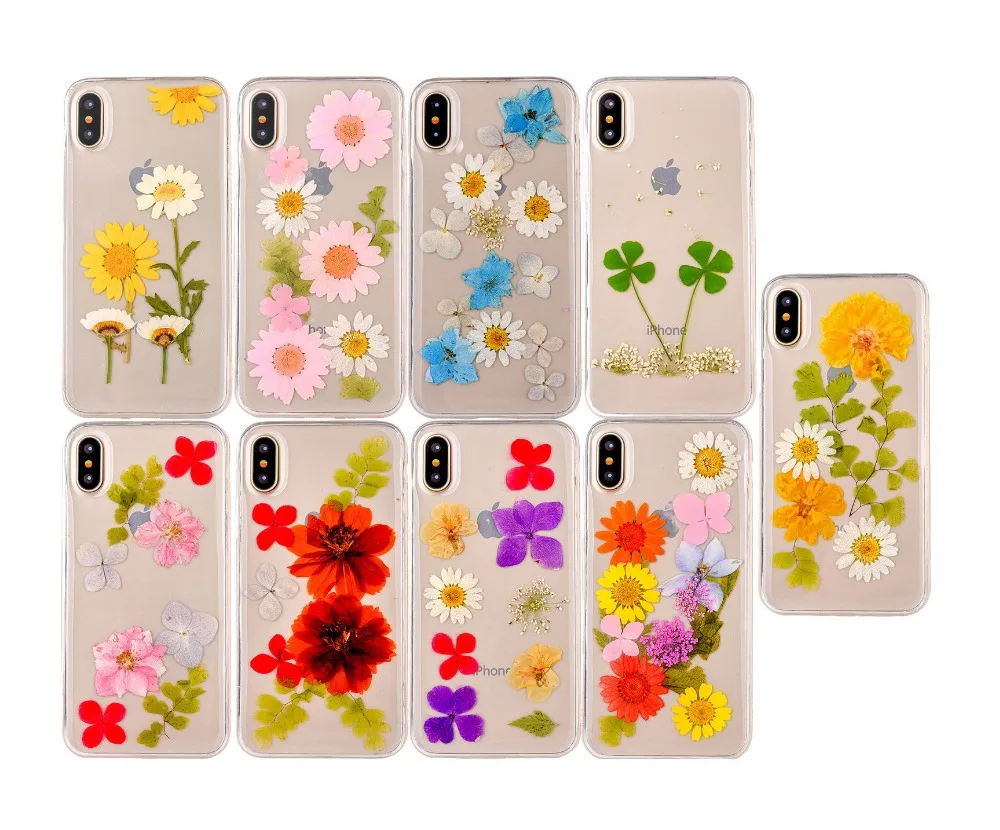 DIY Handmade Natural Real Dried Flowers Phone Case for iPhone 6 6S Plus 7 7 Plus 8 8 Plus X TPU Silicone Back Cover