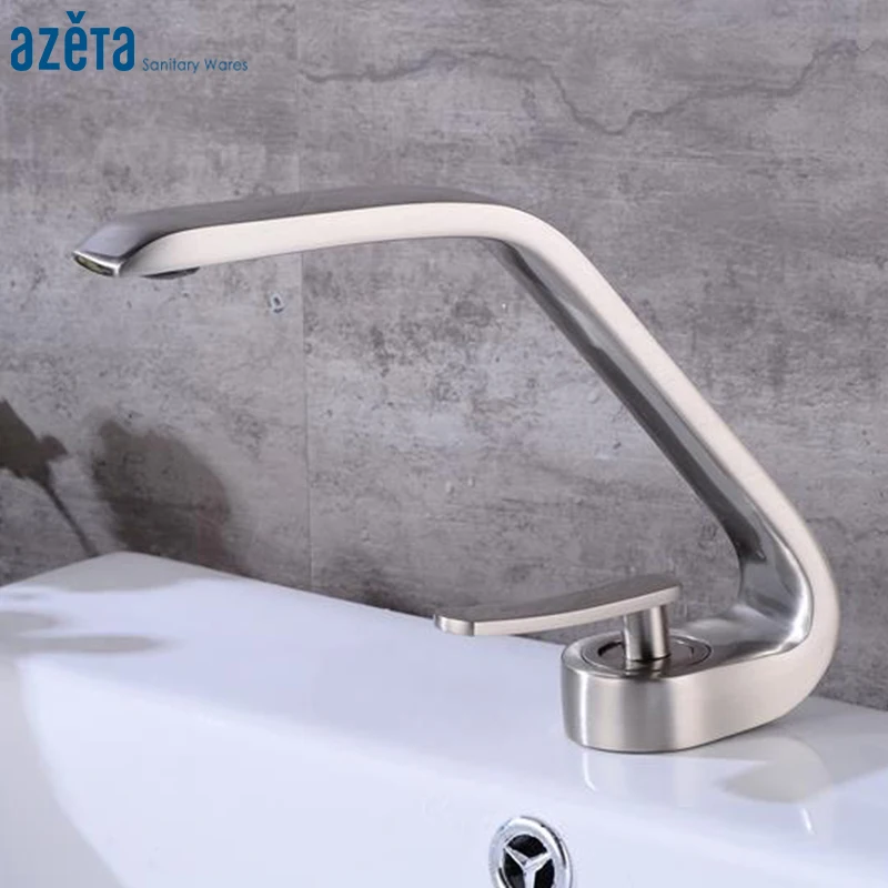 

Deck Mounted Single Handle Basin Mixer Tap Bathroom Brass Brushed Nickel Cold and Hot Water Washbasin Faucet AT3388BN