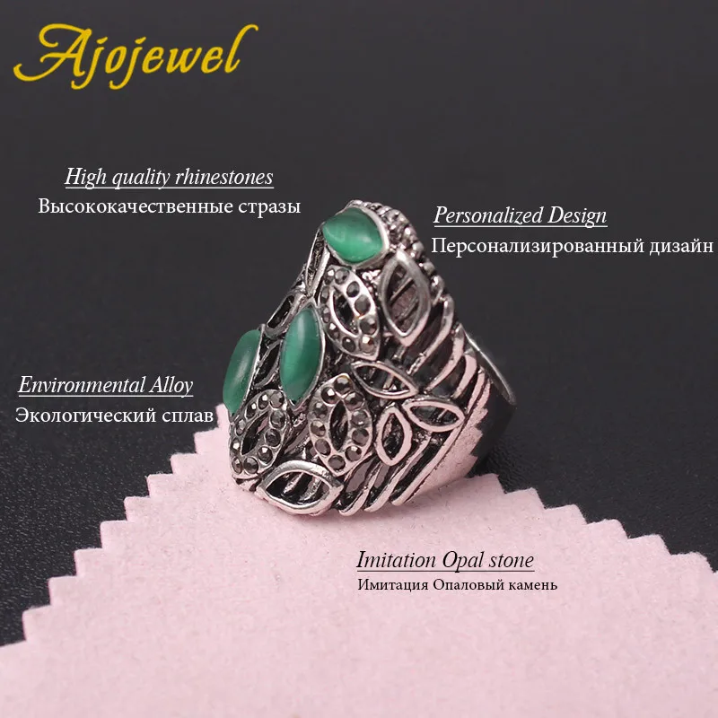 Ajojewel Hollow Plant Leave Vintage Rings Green Stone Woman Jewelry Retro Accessories