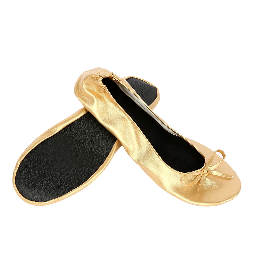 Gold Shoe Flats Portable Fold Up Ballerina Flat Shoes Roll Up Foldable Ballet After Party Shoe For Bridal Wedding Party Favor