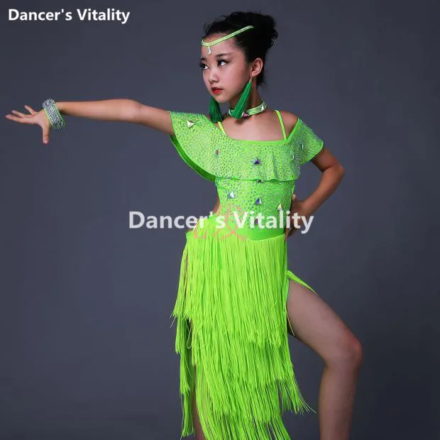 2017New Professional diamond Stage Tassel Competition Latin Dance Dress For Girls Dress Gymnastics Practice Dancing Dress