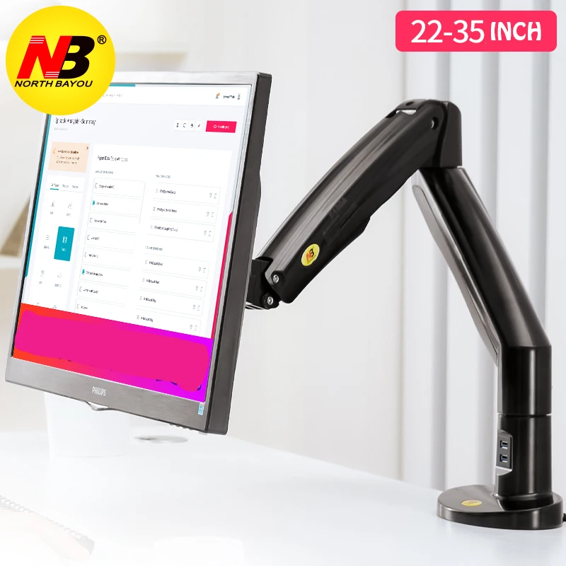 NB F100A Gas Spring Arm 22-35 inch Screen Monitor Holder 360 Rotate Tilt Swivel Desktop Monitor Mount Arm with Two USB Ports