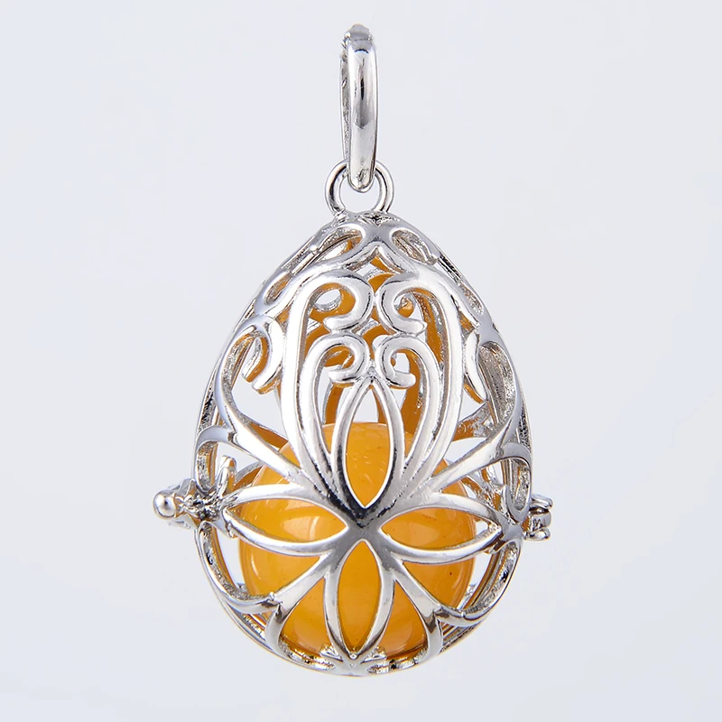 New Silver Plated Copper Round Egg Metal Flower Hollow Cage Pendant With Pink Crystal Tiger Eye Yellow Natural Stone Ball