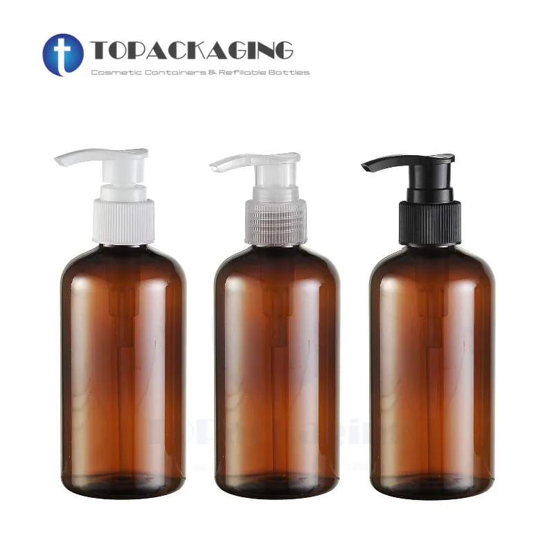 

20PCS*220ML Lotion Pump Bottle Brown Plastic Cosmetic Container Sample Shampoo Shower Gel Essential Oil Refillable Serum Packing