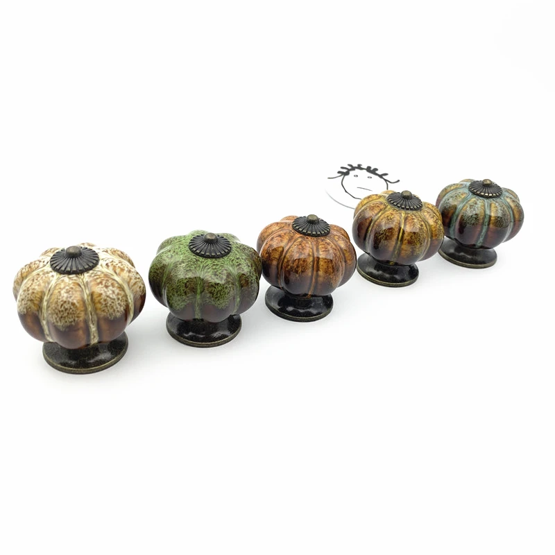 LCH 40MM Cracked  leopard print Ceramic Pumpkin Knobs for Kids Ancient Style Colored glaze Cupboard Handle Door Pull