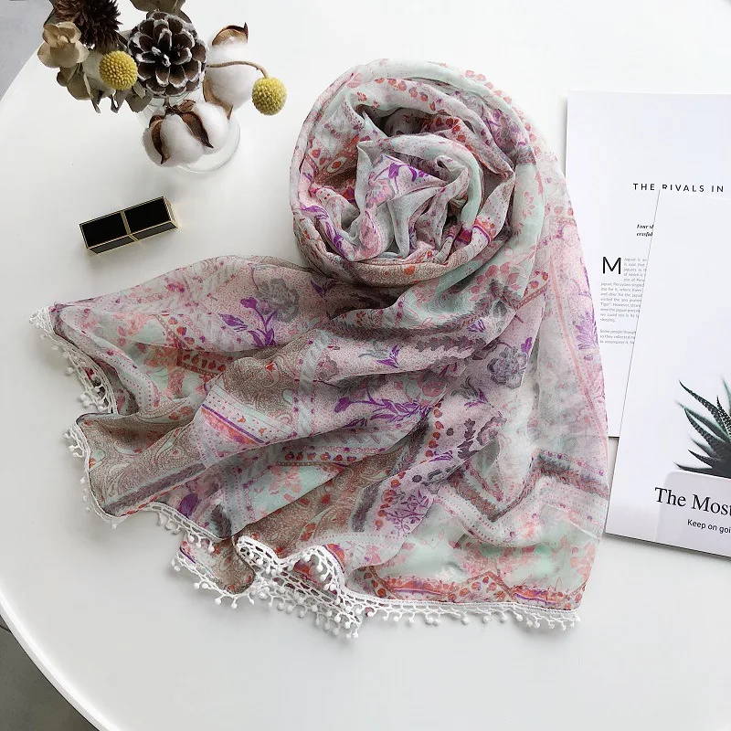 Fashion Beautiful Soft Pompon Trim Scarves Shawl Bohemia Style Trendy Floral Wrap Scarf Hijab Muffler 2 Color Free Shipping