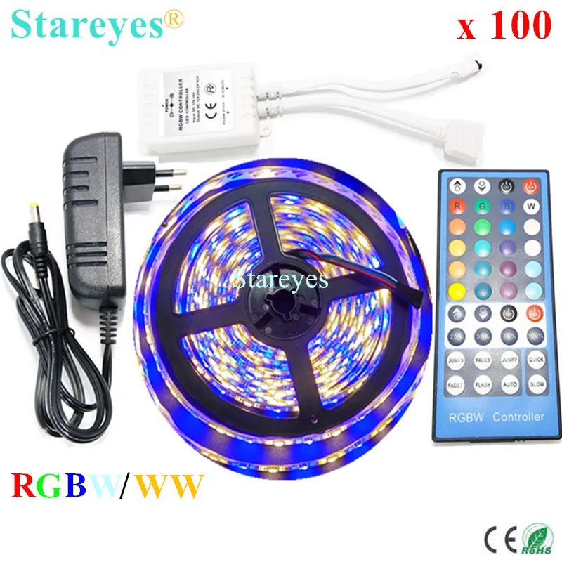 

100 Sets RGBW RGBWW SMD 5050 5M Waterproof LED Strip flashlight RGB + White Tape + 40 key Remoter Controller +3A Power Adapter