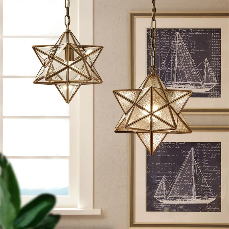 

Nordic Art Star Glass Pendant Lights Art Geometric Retro Bronze Warm Bedroom Study Bars Cafe Aisle Hanging Light Fixtures