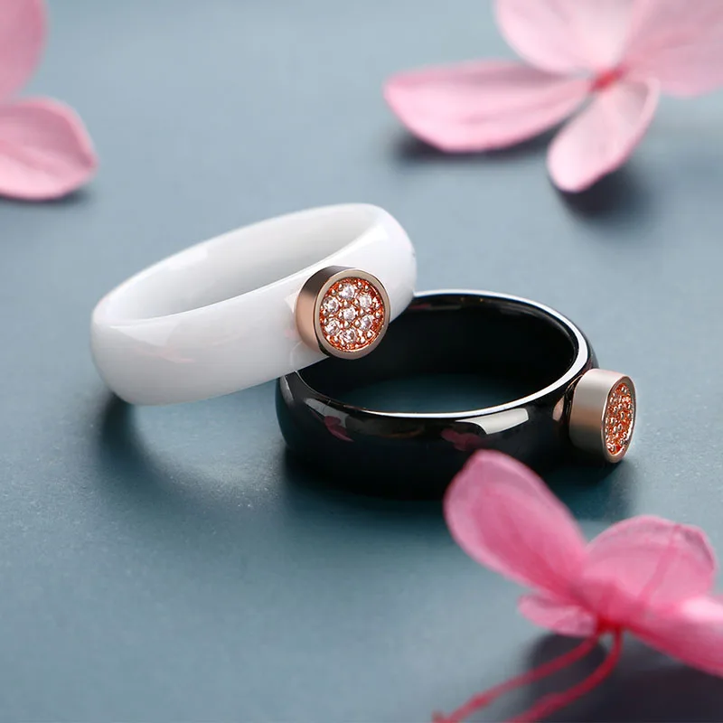 6MM Smooth Ceramic Rings for Female Rose Gold Metal Bling Crystal Black White Ceramic Rings Engagement Gift bague femme Free