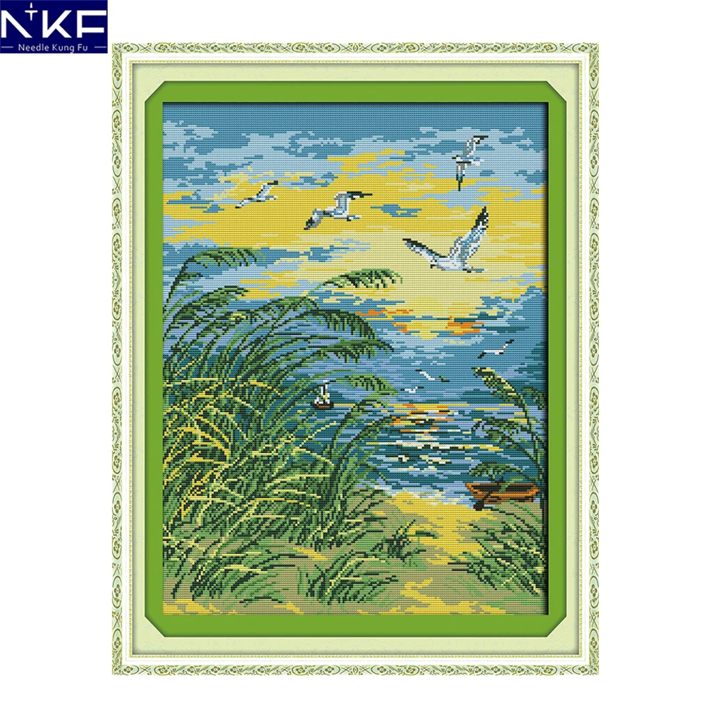 NKF The Seaside Alpenglow Cross Stitch Pattern 11CT14CT Needlework Painting Cross Stitch for Embroidery Stamped Kits Home Decor