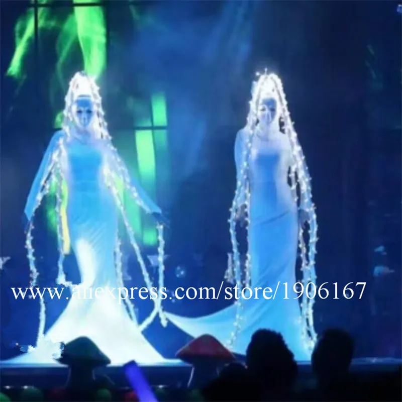 Trajes de baile de salón Led, ropa de escenario, vestidos largos ligeros de Blanco luminoso, falda de cantante de Grimace, atuendo de actuación de fiesta, pelucas Led