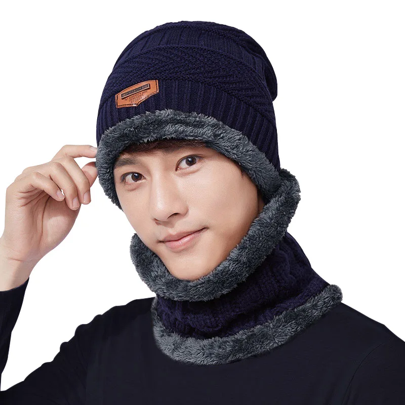 

Adult Knitting Hat and Collar Men's Winter Warm Cap Male Autumn and Winter Wind-proof Neck Cover Wool Cap 2pcs Hat B-8505