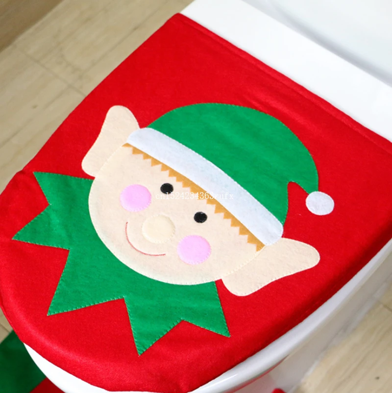 10Sets Toilet Foot Pad Seat Cover Cap Christmas Decorations Santa Toilet Seat Cover and Rug Bathroom Accessory Santa Claus