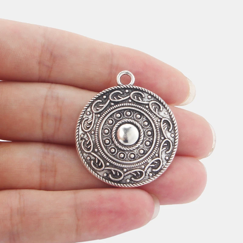 5PCS Tibetan Silver Flower Coin Round Charms Pendants for DIY Jewelry Necklace Making Findings 33x37mm