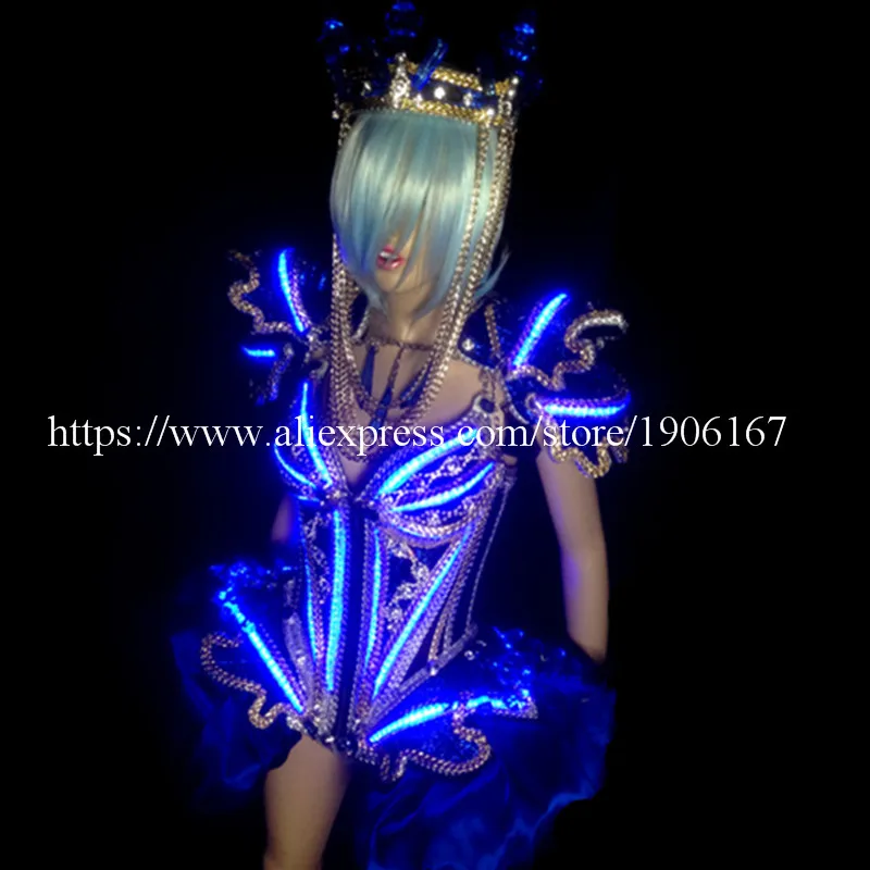 Led Luminous Sexy Women Ballroom Costume LED DJ Nightclub Party Evening Crystal Dress Clothes For Dancing Stage Show Bar Props