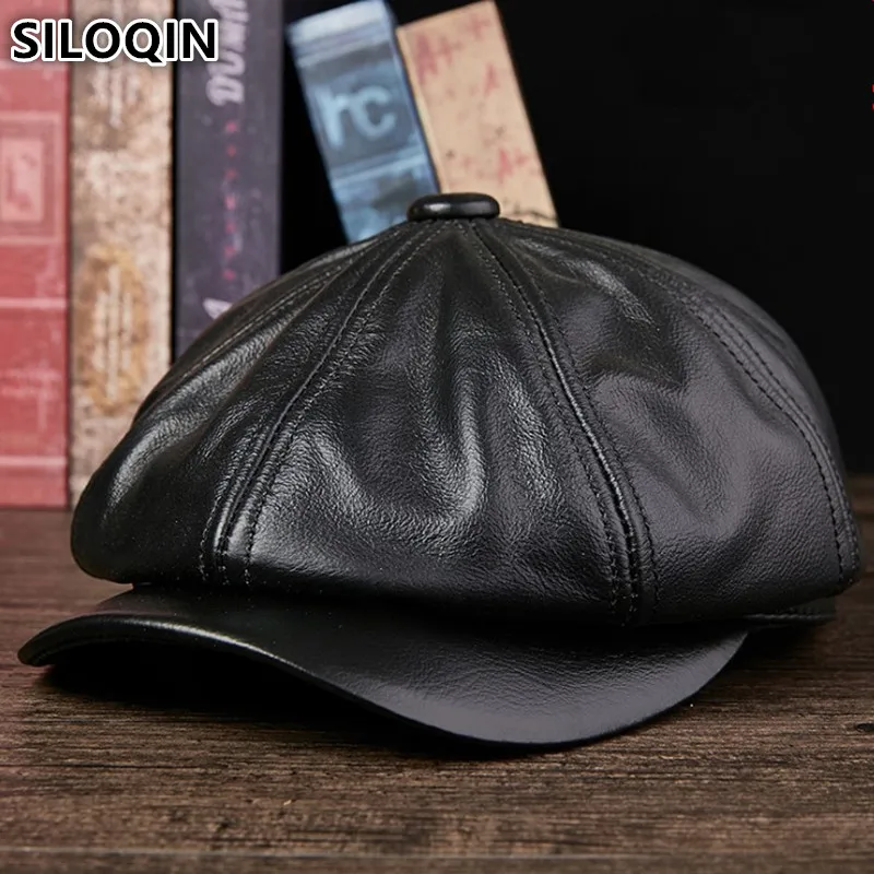 

SILOQIN Autumn Men's Cowhide Leather Berets Genuine Leather Caps For Men Elegant Fashion Young Student Tongue Cap Women's Hats