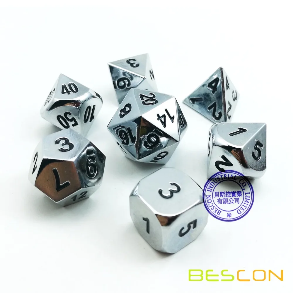 Bescon Super Shiny Gloss Silver Metal 7pcs Polyhedral Dice Set, Chrome Metal RPG Game Dice 7pcs Set