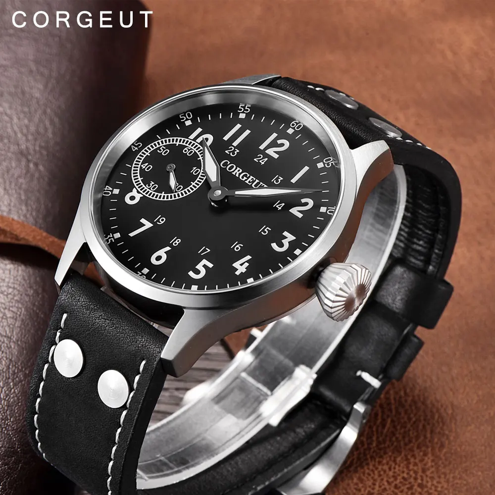 44mm Corgeut Mechanical Watch for Men Hand Winding Movement Asia 6497 ST3600 Leather Strap Sapphire Crystal Luminous Dial Hands