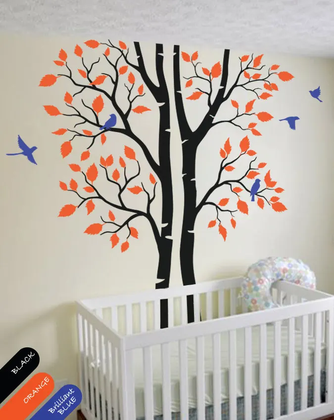 

Custom Color Large Wall Tattoo Modern Baby Nursery Corner Trees Wall Decal with Flying Birds and Leaves Wall Stickers JW215