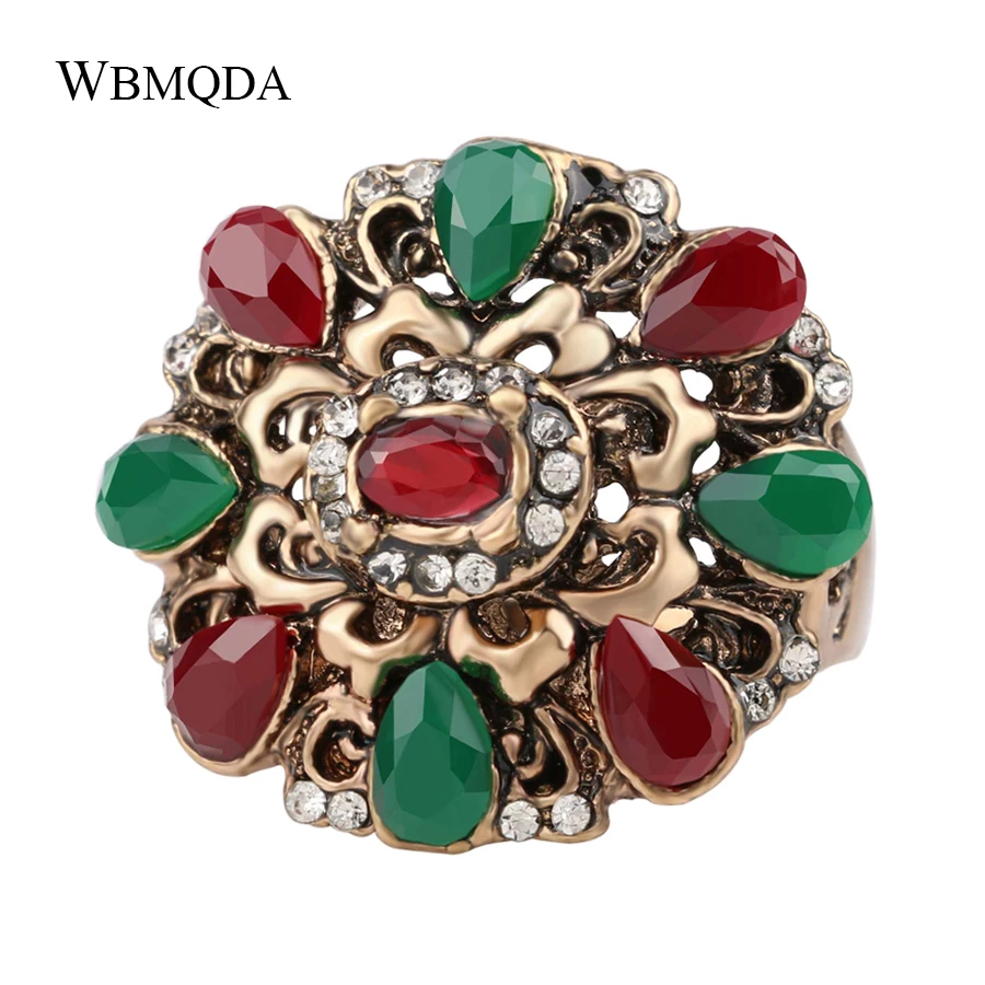 Ethnic Turkish Jewelry Bohemian Rings For Women Antique Gold Mosaic Colorful Resin Crystal Ring Vintage Accessories