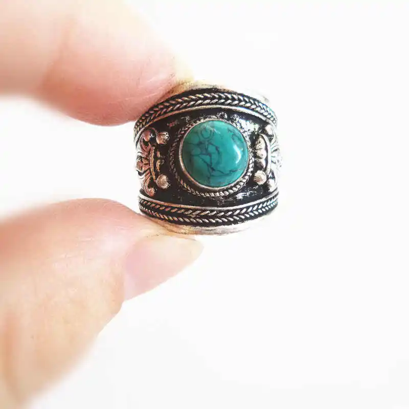 Tibetan Rings for Man Metal Copper Inlay Simulated Turquoise Open Ring Tibet Dorje Amulet R137