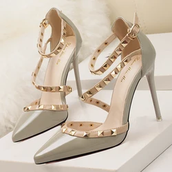 Show Thin Sexy Cut-Outs Women High Heels Party Shoes New Summer Solid Patent Leather Pointed Fashion Rivets Buckle Sandals Woman