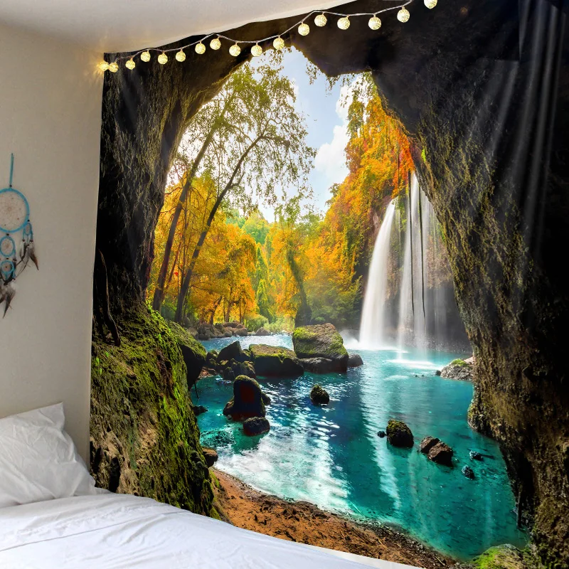 Beautiful Cave Waterfall Print Wall Hippie Tapestry Polyester Fabric Home Decor Wall Rug Carpets Hanging Big Couch Blanket image 6