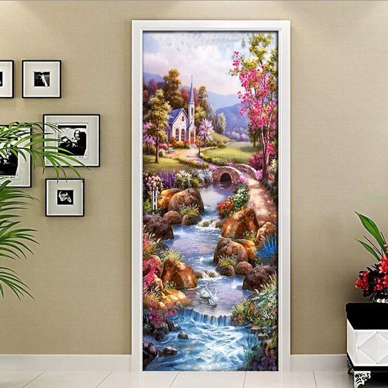 DIY Ldyllic Oil Painting Landscape 3D Door Sticker PVC Material Waterproof Doors Poster Wall Decal Sticker For Living Room Decor