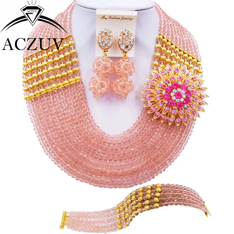 

ACZUV 10 Rows Peach Crystal Fashion African Costume Jewelry Set Nigerian Wedding Beads Party Jewelry Sets 10LBJZ008