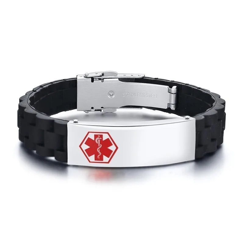 Custom Graveren Naam Ziekte Info Emergency Id Armbanden Voor Mannen Zwart Siliconen Sport Medische Alert Unisex Pols Armbanden