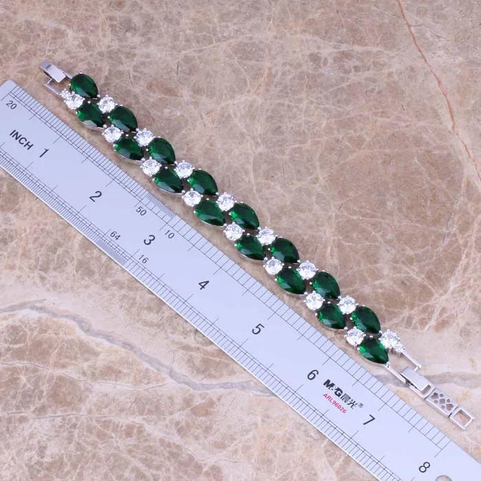 Trendy Green Cubic Zirconia White CZ Silver Plated Link Chain Bracelet 7 - 8 inch S0673