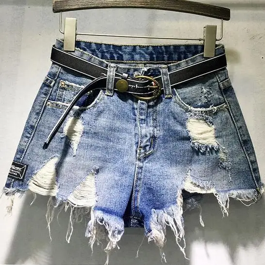 

2022 summer fashion blue high waist denim shorts women worn loose burr hole jeans shorts