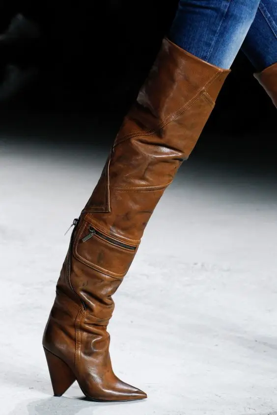 Retro Brown Leather Women Zipper Pocket Over Knee Boots Sexy Pointy Toe Ladies Finger Heel Knight Boots Fashion Runway Botas