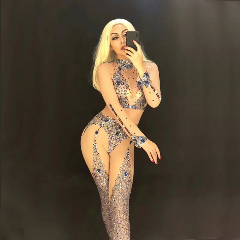 

Sexy Stretch Nude Bodysuit Women's Nightclub Wear Crystals Camisole Bodysuit Outerwear Dance Jumpsuit Outfit Performance clothes